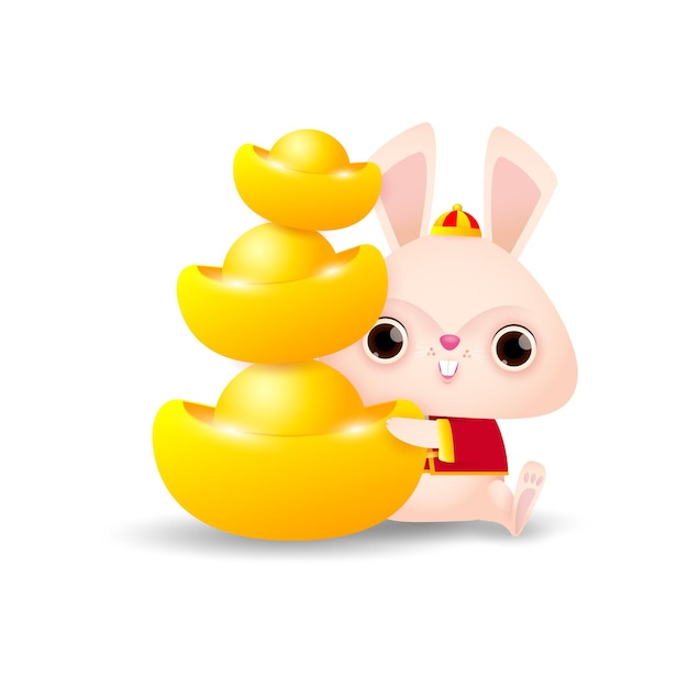 행복 한 중국 새 해 2023 인사말 카드 중국 금괴를 들고 귀여운 작은 토끼