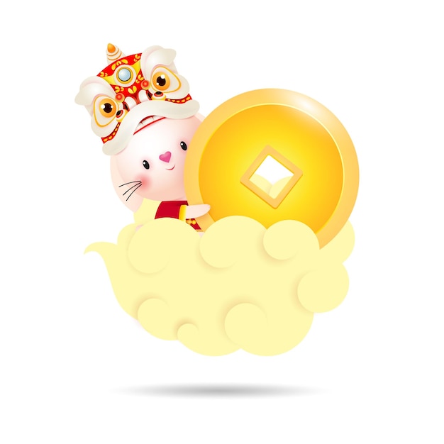 Happy chinese new year 2023 rabbit riding a cloud and holding chinese coin gold year of the rabbit