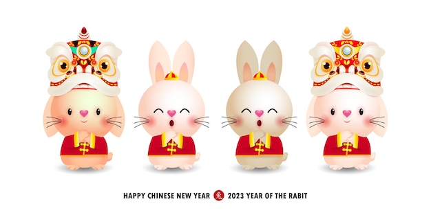 Felice anno nuovo cinese 2023 con il piccolo coniglio di gruppo che saluta gong xi fa cai l'anno del coniglio
