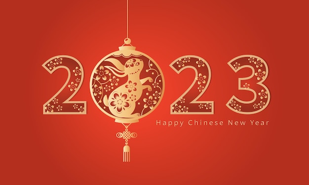 Happy Chinese new year 2023 year of the rabbit zodiac sign with flower, lantern, Asian elements.