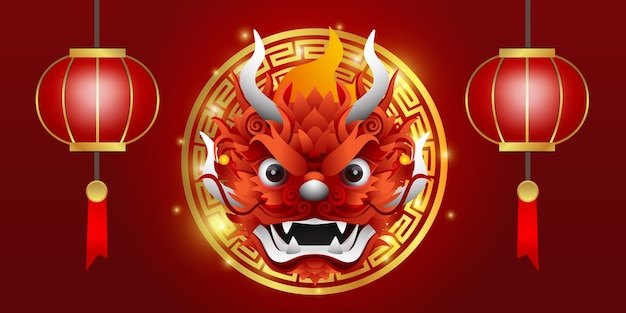 中国新年あけましておめでとうございます - ドラゴンヘッドの赤い画像と月の要素のバナー