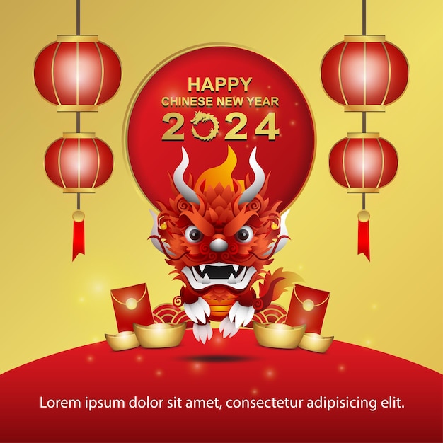 Vector happy chinese new year 2024 with detailed dragon images and gold background