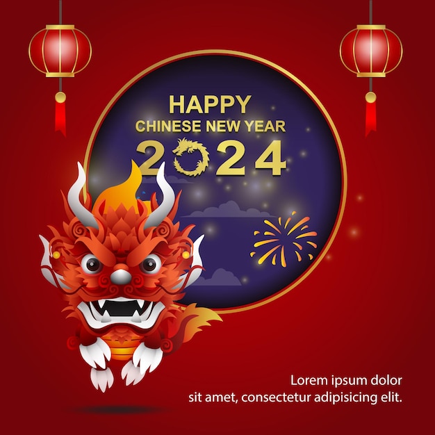 Felice anno nuovo cinese 2024 con drago e cerchio cielo notturno e sfondo rosso