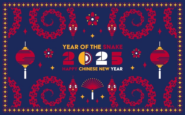 happy chinese new year 2025 snake zodiac sign modern flat art design