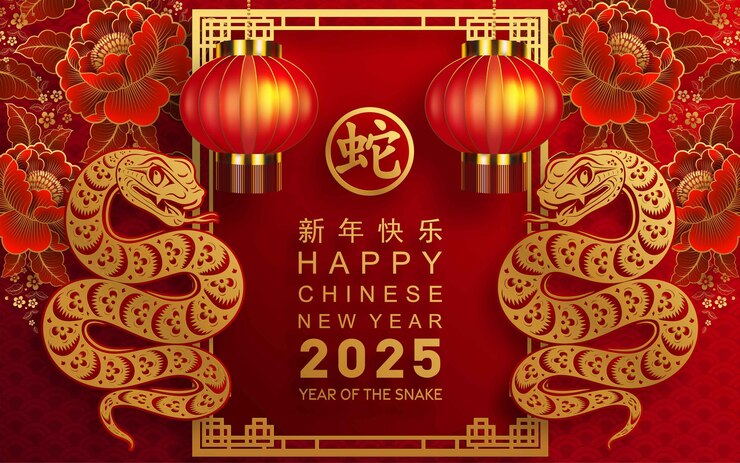 Vector happy chinese new year 2025 the snake zodiac sign with flowerlanternasian elements snake logo red and gold paper cut style on color background translation happy new year 2025 year of the snake