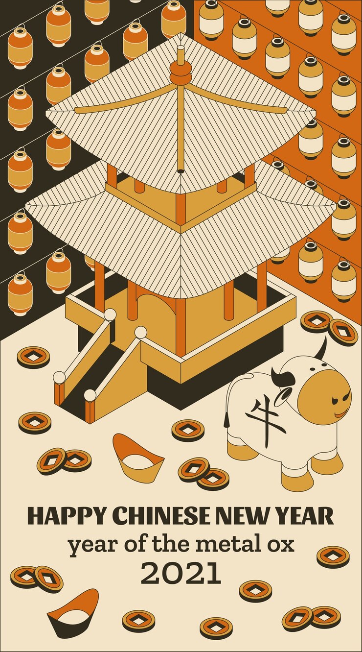 Vector happy chinese new year background with creative white ox and hanging lanterns. translation ox