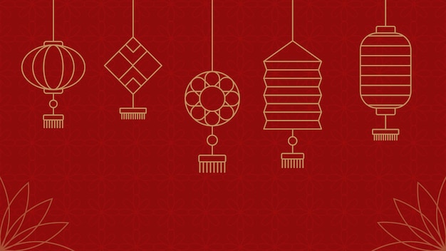 提灯とポスター、チラシ、カレンダー、バナーの飾りと幸せな中国の旧正月の背景。