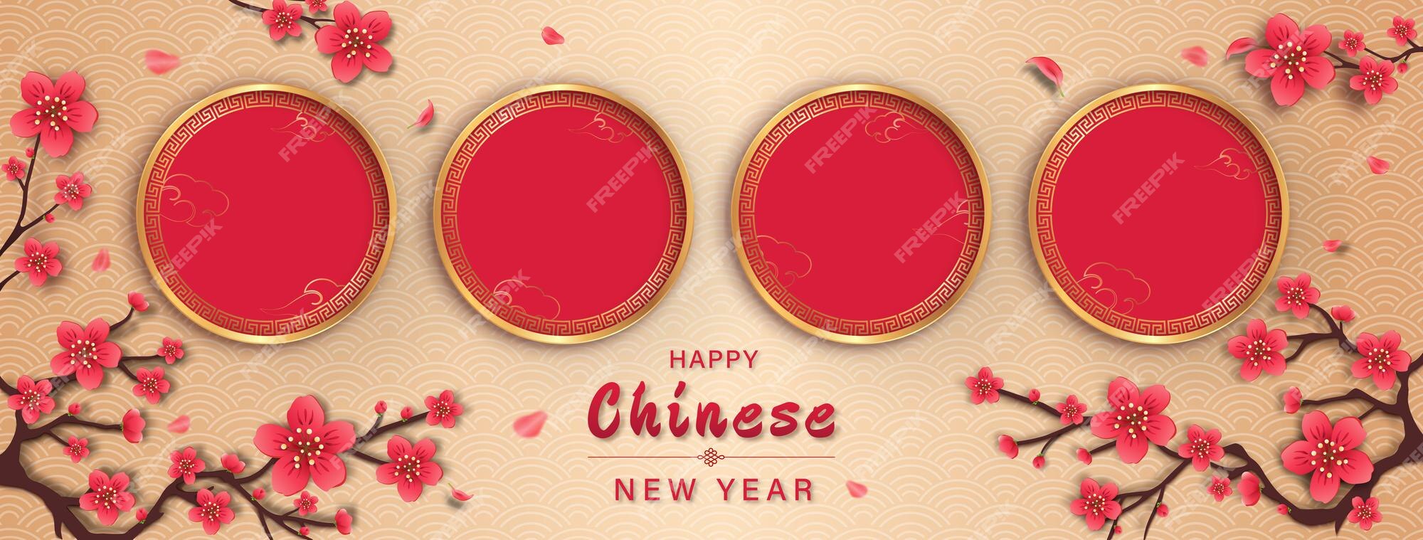 Premium Vector | Happy chinese new year banner background with empty red  circles for your texts or pictures on golden oriental wave pattern