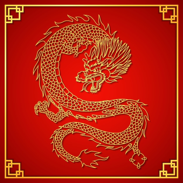 Happy Chinese new year card with gold dragon