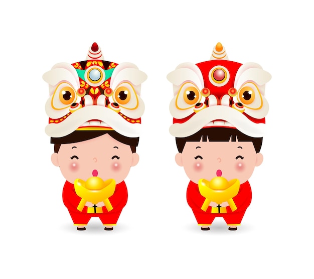 Счастливого китайского нового года китайские мальчик и девочка в китайском костюме и голова танца льва