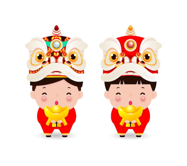 Happy chinese new year china boy and girl in chinese costume and lion dance head