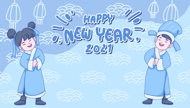 Felice anno nuovo cinese concetto illustrazione. personaggio dei cartoni animati di ragazza e ragazzo cinese.