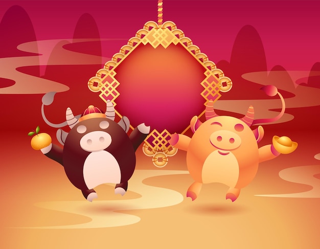 잉곳과 귤을 들고 펜던트 황소와 함께 행복 한 중국 새 해 축 하 카드 디자인