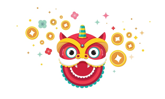 Happy Chinese new year design. Dancing dragon, flowers and money elements. Vector illustration and