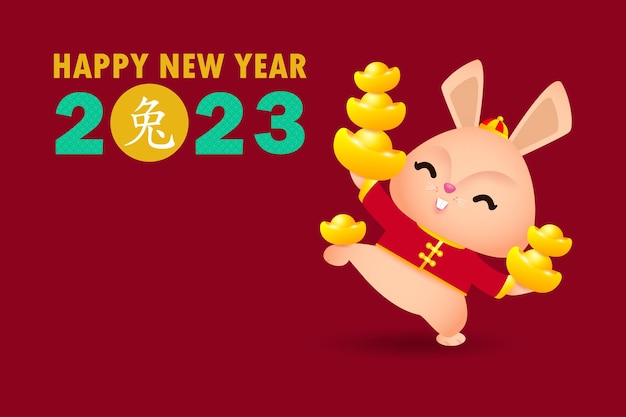 Vettore felice anno nuovo cinese biglietto di auguri 2023 simpatico coniglietto coniglietto anno del coniglio gong xi fa cai