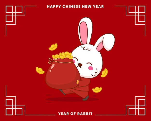 Happy chinese new year greeting card 2023 with cute rabbit wearing traditional costume holding gold