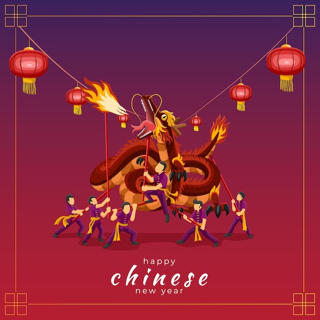 Vector happy chinese new year greeting card with dragon dance performance