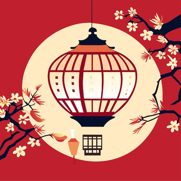 Vector happy chinese new year greetings with sakura flowers and lanterns