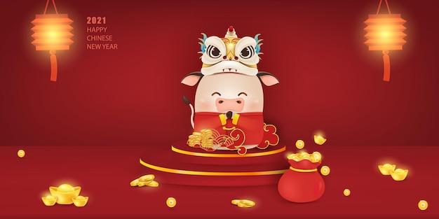 Happy Chinese New year of the Ox. Cute cartoon ox character.