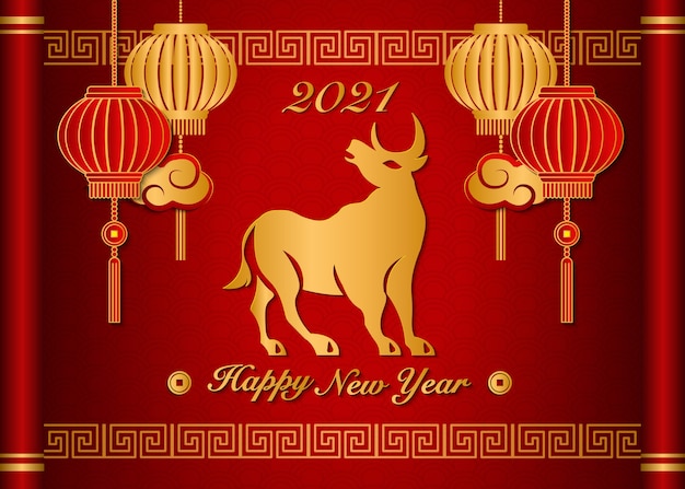 Happy chinese new year of the ox in golden lines