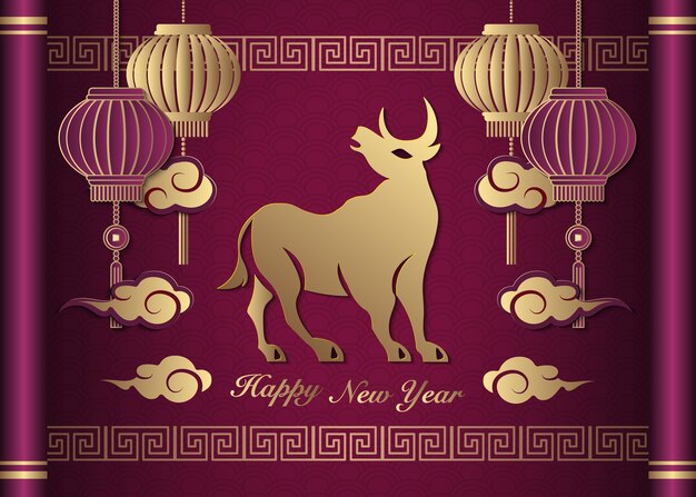 Happy chinese new year of the ox in golden lines