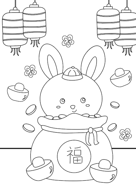 Vector happy chinese new year rabbit 2023 coloring for kids and adult