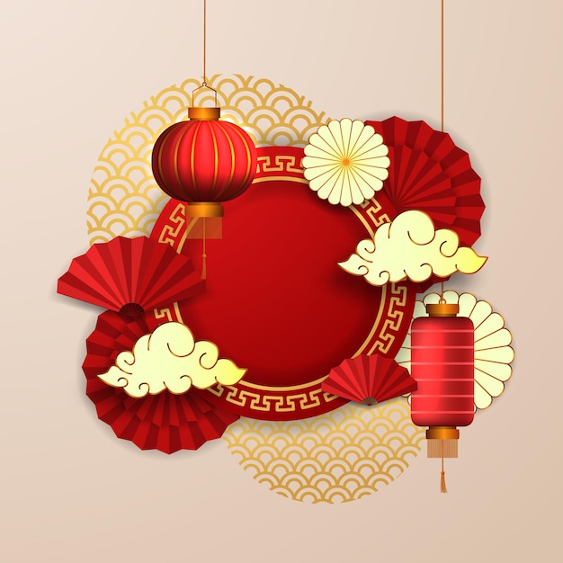 Happy chinese new year, red fan paper decoration hanging asian lantern traditional culture