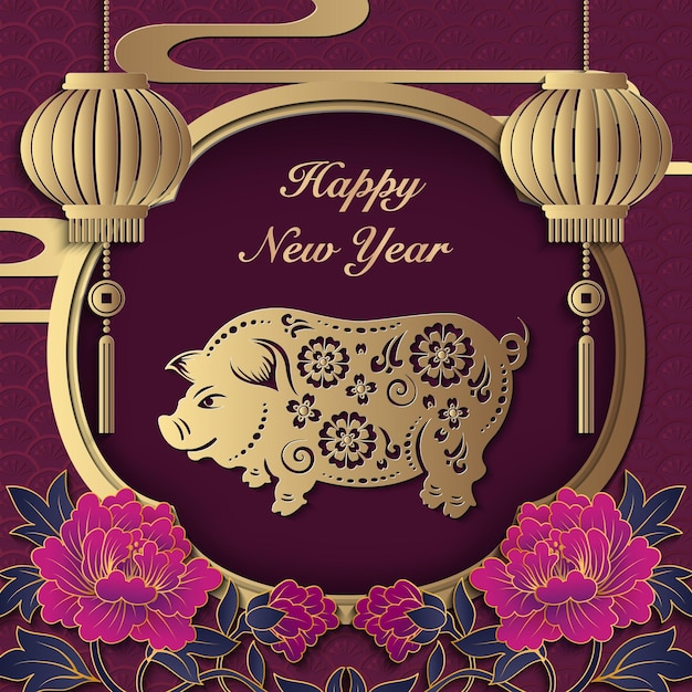 Happy chinese new year retro paper cut art and craft relief pig peony flower lantern window frame