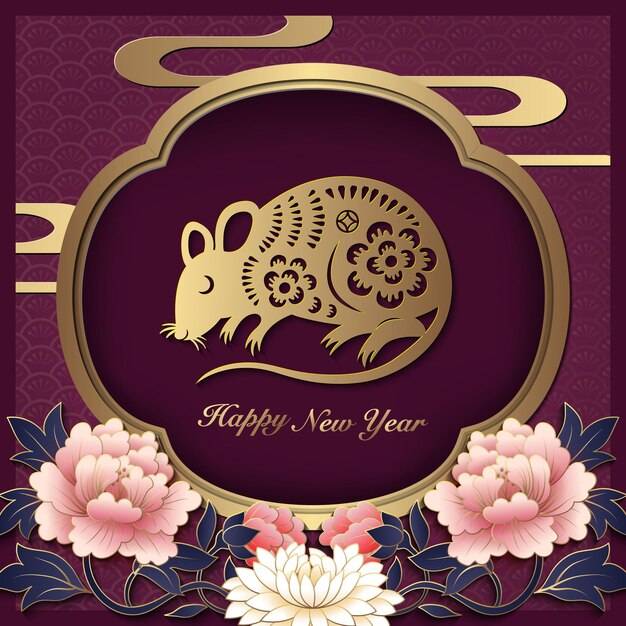 happy chinese new year of retro paper cut art and craft relief rat peony flower lantern window frame