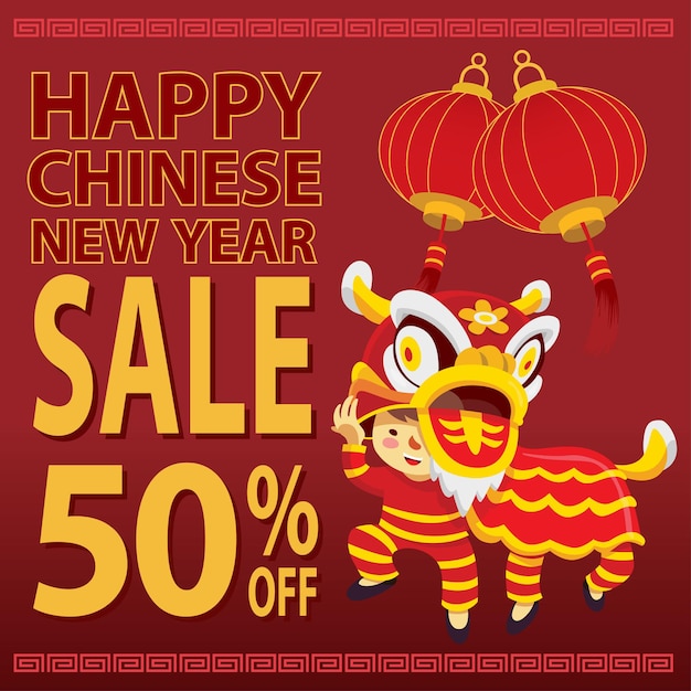 Happy Chinese new year sale with Cartoon Character lion dance