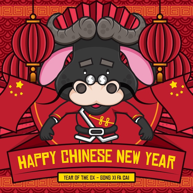 Vector happy chinese new year social media  template with cute cartoon character of ox
