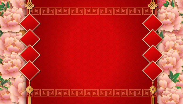 Happy chinese new year template with flower spiral lattice frame border and coupleet