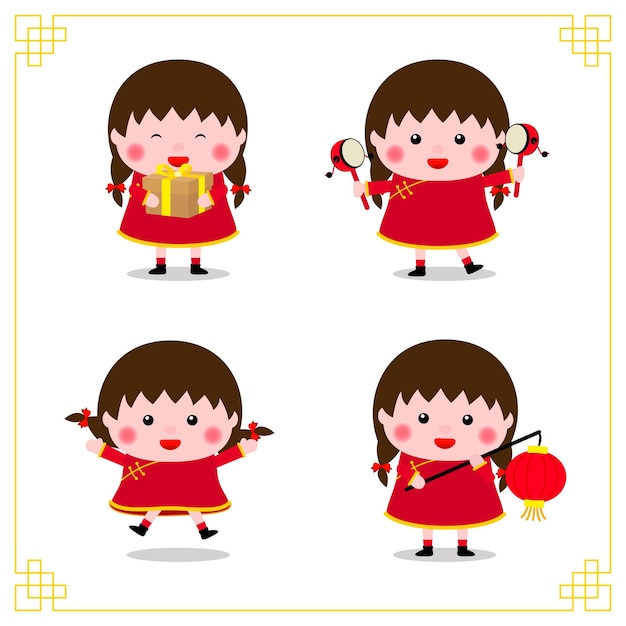 happy chinese new year. variety of chinese kids postures collection.