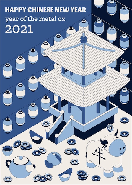 Felice anno nuovo cinese con bue bianco creativo e lanterne appese. illustrazione vettoriale