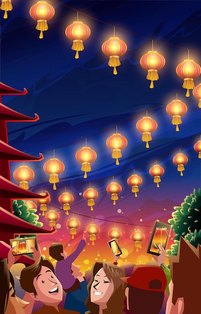 Вектор С китайским новым годом с фейерверками и фонарями
