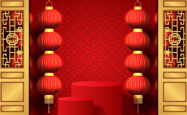 Happy chinese new year with hanging traditional lantern with red background with podium stage product display for marketing