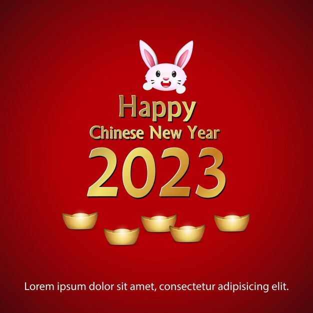 happy chinese new year with illustration of a rabbit and some chinese gold coins