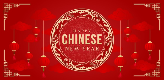 Happy Chinese New Year with red background and lantern, applicable for banner, greeting cards, flyer