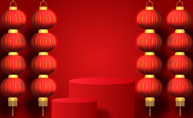 Happy chinese new year with traditional red lantern with 3d cylinder product display for marketing