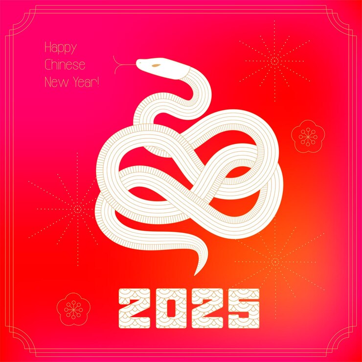 Vector happy chinese new year with zodiac snake sign in linear art style on red mesh gradient color