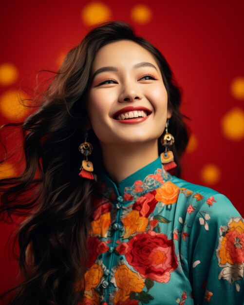 Vector happy chinese new year woman wearing traditional chinese dress on red background