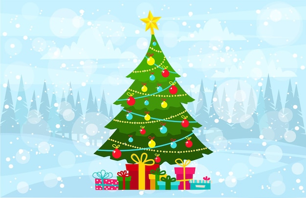 Happy christmas card with colorful gifts and decorated with a christmas tree