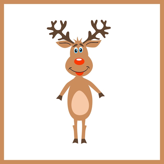 Happy Christmas Cute Deer Red Nose Isolated White Background Vector illustration