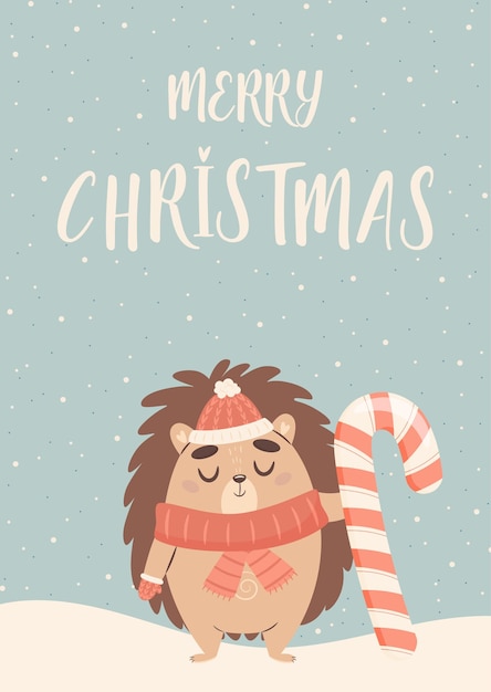 Happy Christmas greeting card with cute cartoon hedgehog character and abstract winter background Vector