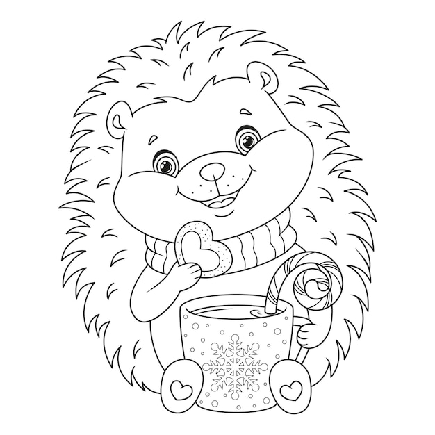 Happy christmas hedgehog coloring page. outline cartoon vector illustration