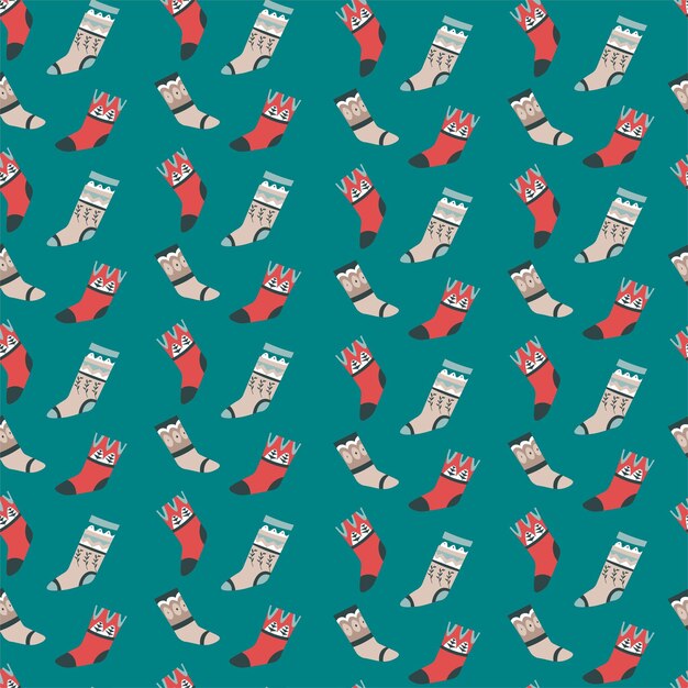 Happy Christmas and new year celebrations, knitted socks with ornaments, and simple Scandinavian decorations. Winter warmth and clothes. Seamless pattern, background or print. Vector in flat style