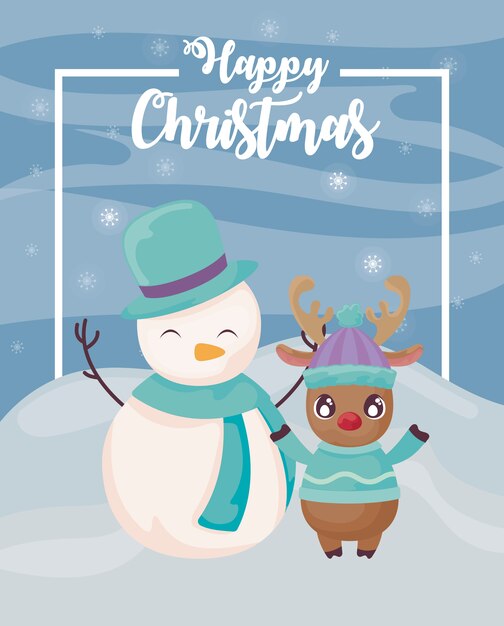 Happy christmas snowman with reindeer on winter landscape