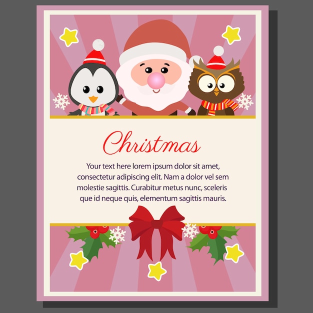 Gufo di pinguino di babbo natale piatto poster di tema di natale felice