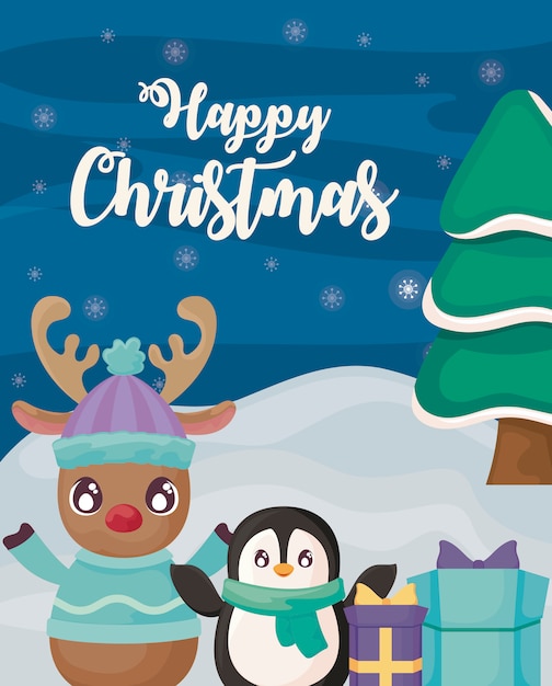 Счастливого рождества с пингвином и оленями на зимний пейзаж