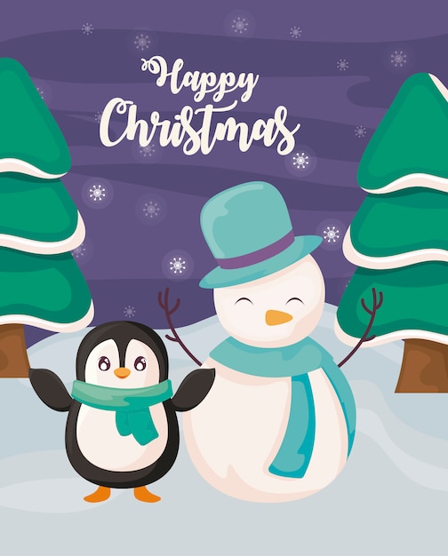 Happy christmas with penguin and snowman on winter landscape